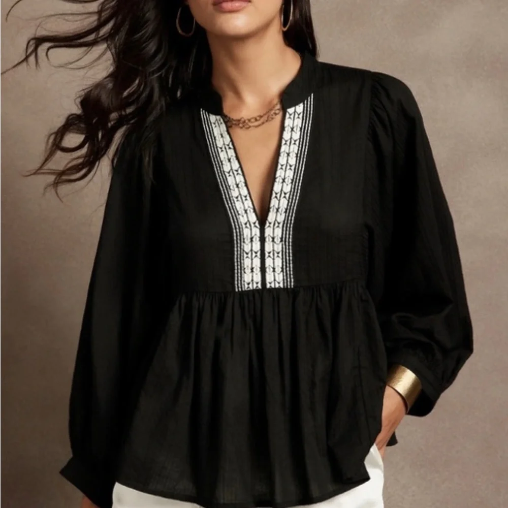 Banana Republic babydoll balloon puff sleeve cotton black& buttercream cotton
